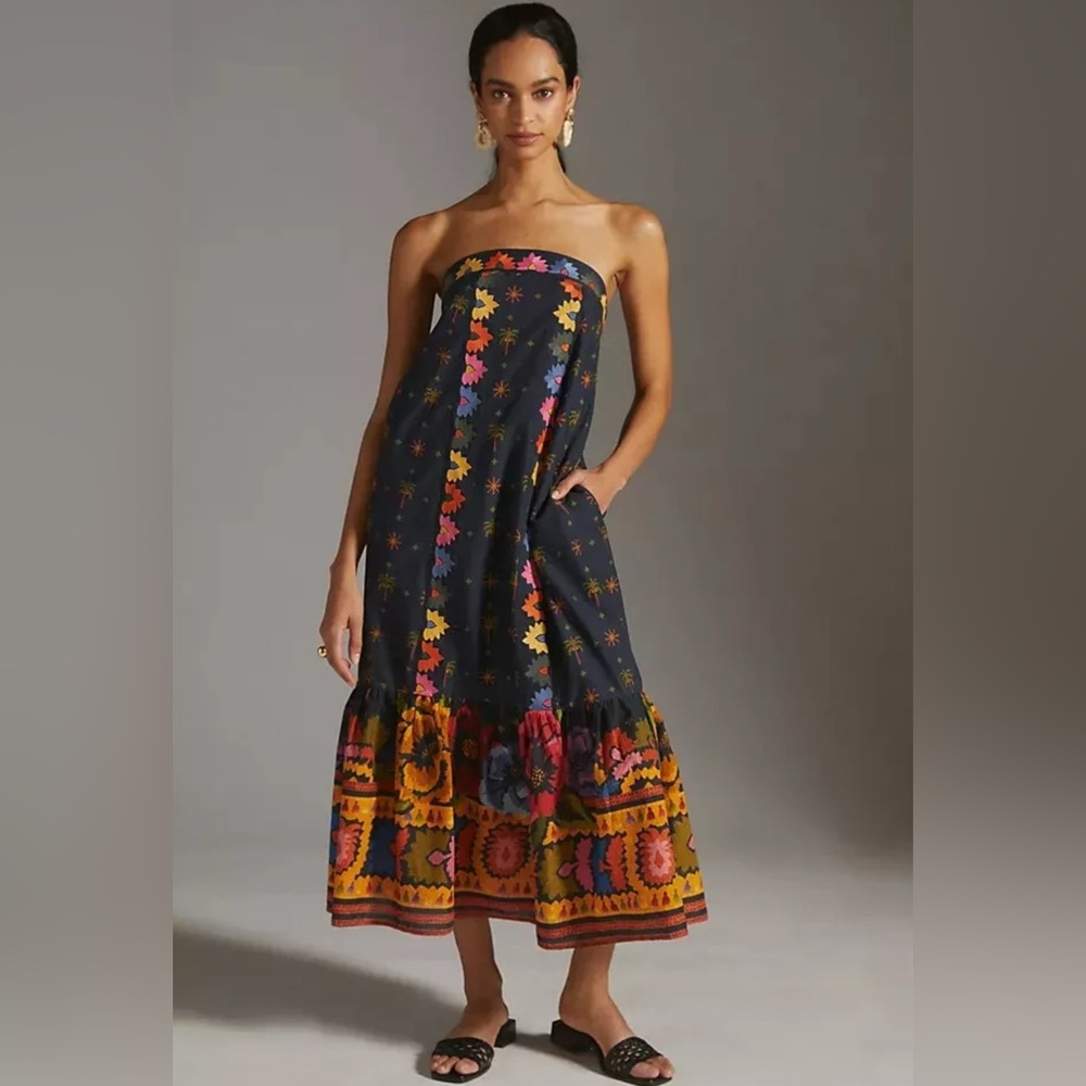 Farm Rio X Anthropologie Embroidered Dress Strapless